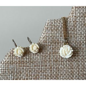 Vtg White & Co 12k GF Carved Flower Pendant Necklace Sterling Silver Earrings